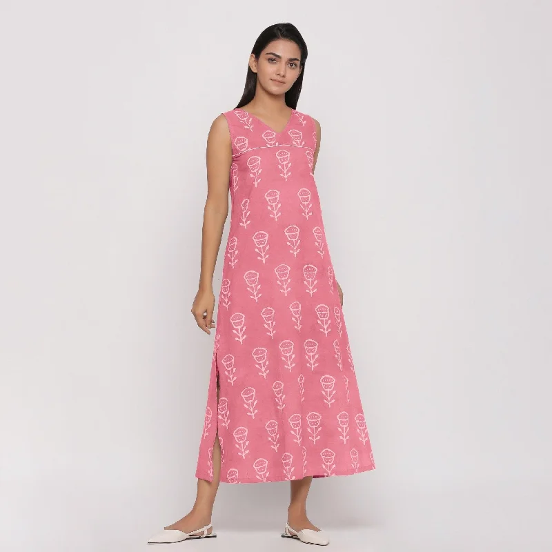 Pink Floral Dabu Block Print Cotton Maxi Dress