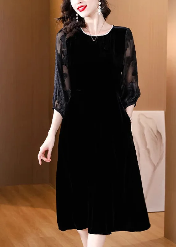 Plus Size Black O-Neck Embroideried Tulle Patchwork Silk Maxi Dresses Fall