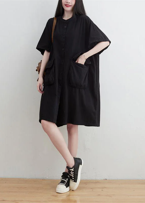 Plus Size Black O-Neck Pockets Button Linen Dresses Short Sleeve