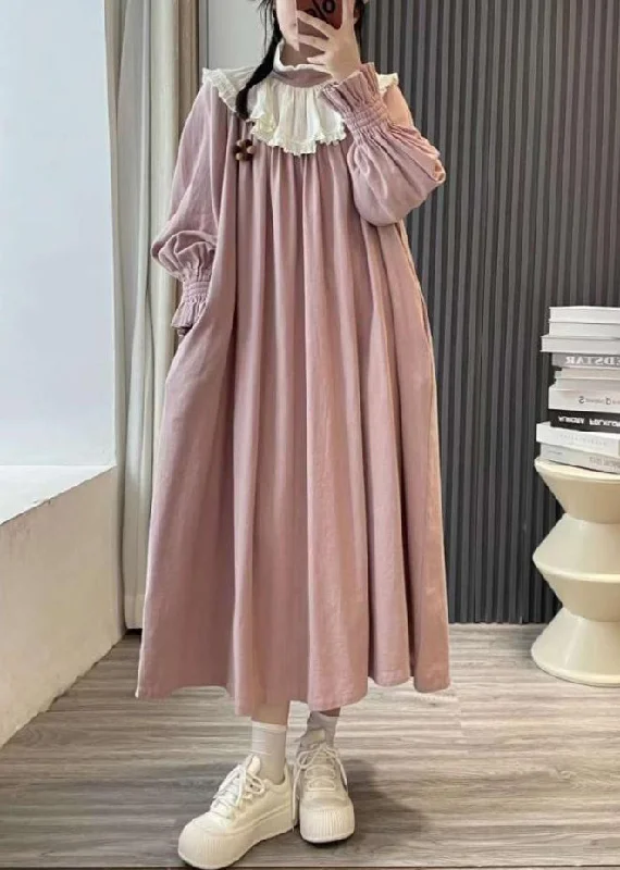 Plus Size Pink Ruffled Patchwork Cotton Long Dresses Spring