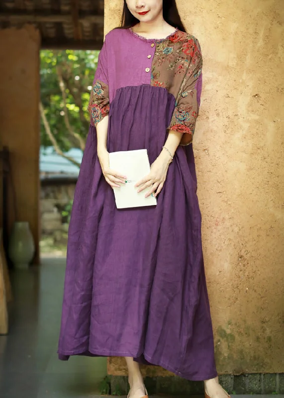 Plus Size Purple Ruffled Wrinkled Cotton Dresses Half Sleeve