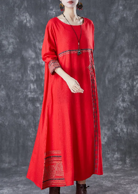 Red Patchwork Linen Maxi Dresses Embroideried Spring