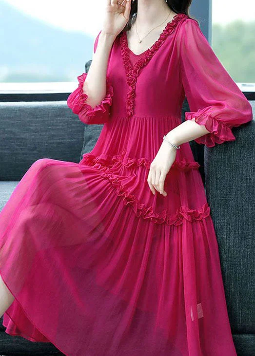 Rose Patchwork Silk Two Piece Set Dresses Ruffled Bracelet Sleeve