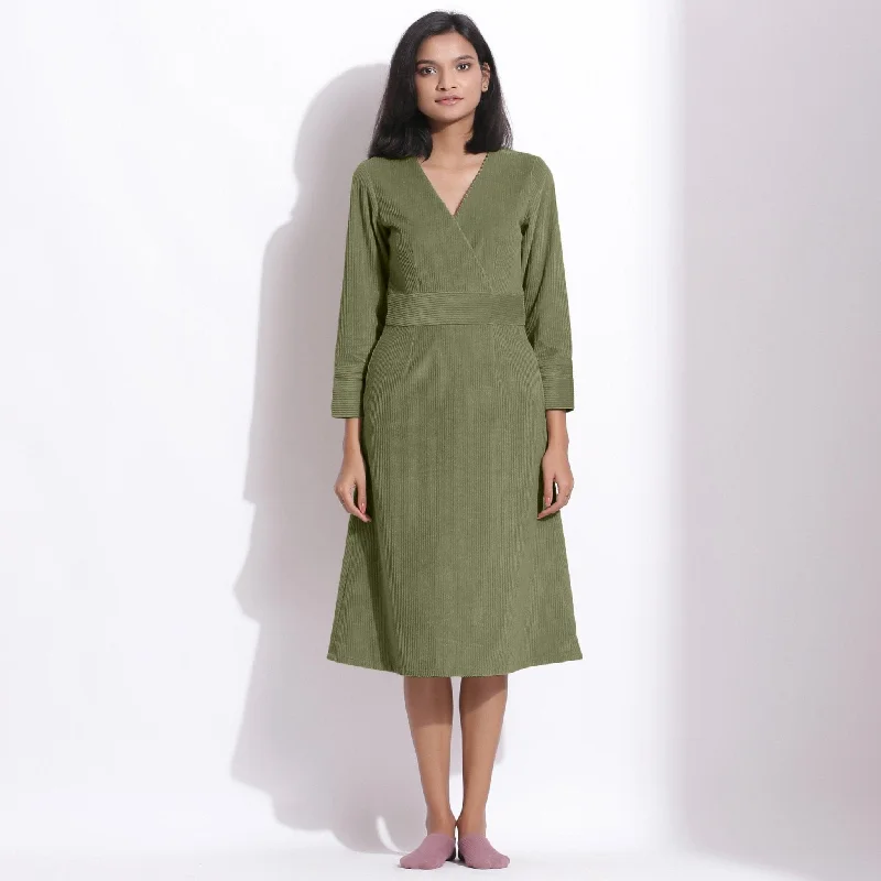 Sage Green Warm Cotton Corduroy Knee Length Dress