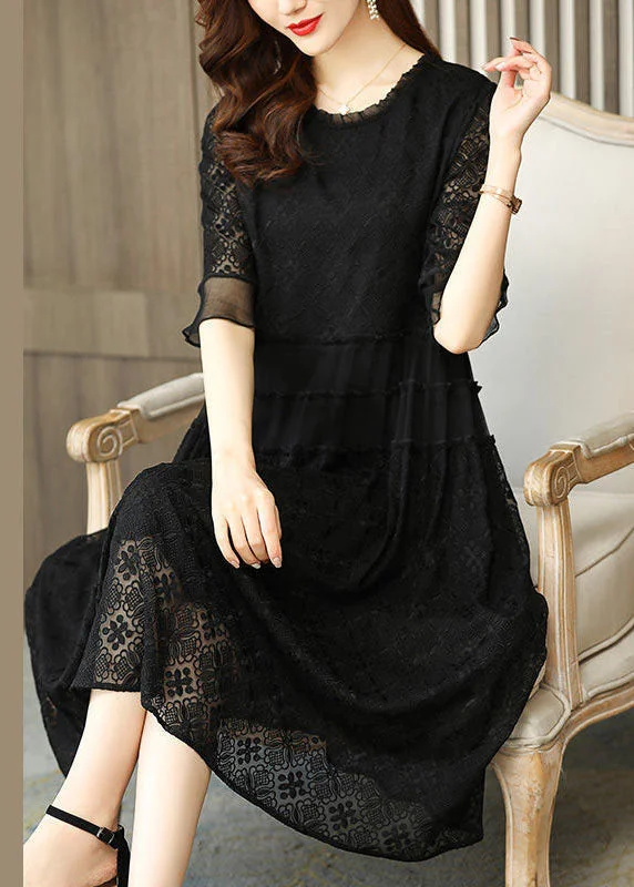 Simple Black O Neck Embroideried Patchwork Chiffon Dresses Half Sleeve