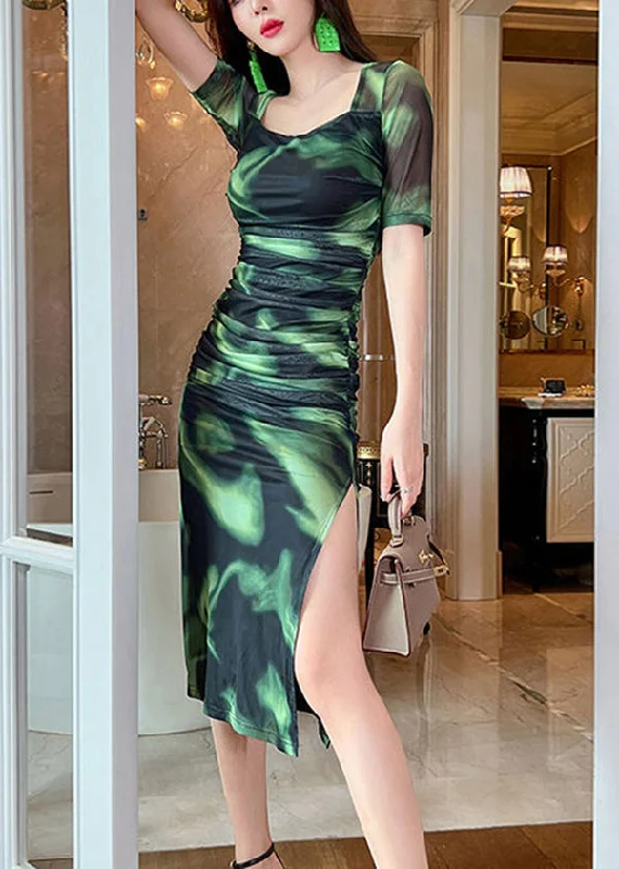 Stylish Green Tie Dye Side Open Wraped Dresses Summer