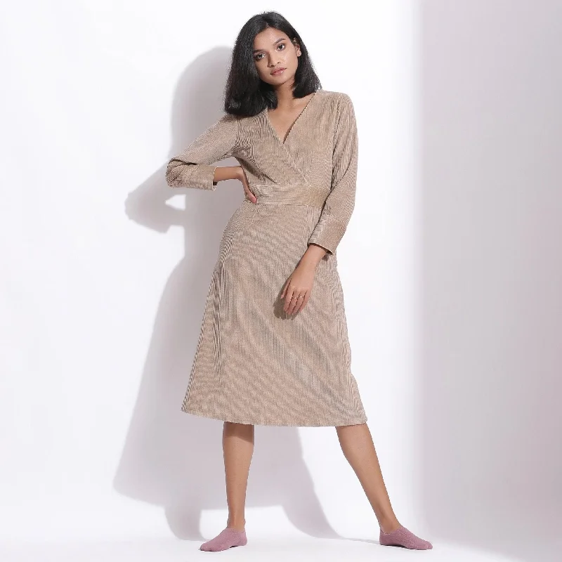 Taupe Beige Warm Cotton Corduroy Knee Length Dress