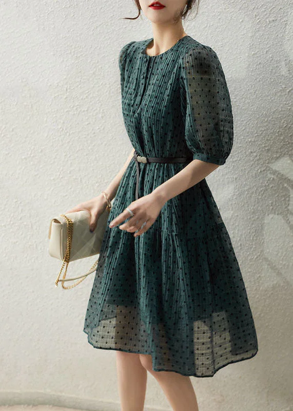 Unique Green O Neck Patchwork Dot Chiffon Mid Dresses Summer