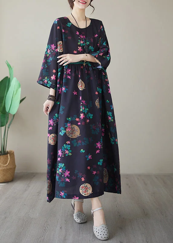 Vintage Navy Print Maxi Dresses Long Sleeve