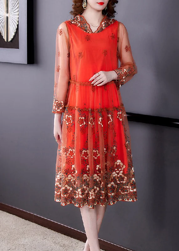 Vogue Orange Embroideried Floral Tulle Hooded Long Dresses Spring