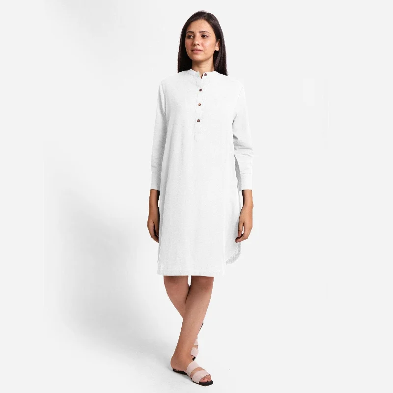 White Cotton Flax Knee Length Shirt Dress