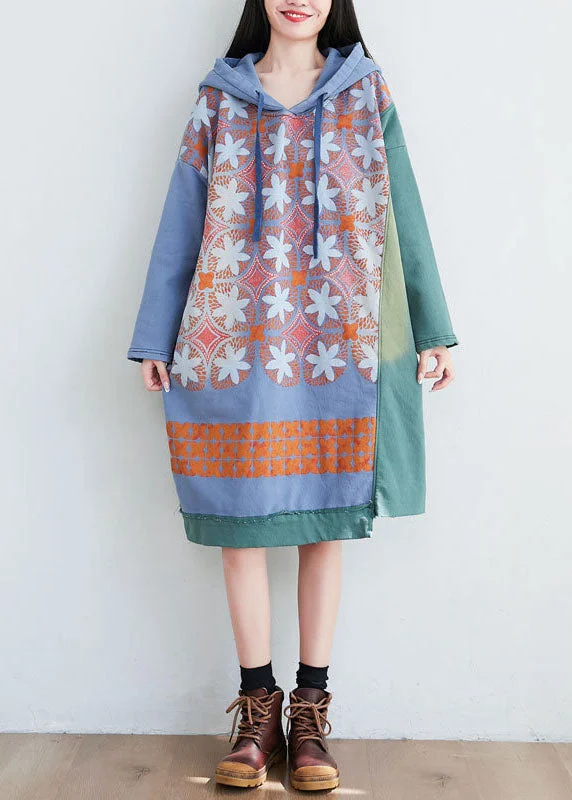 Women Green Hooded Print Cotton Mid Dresses Spring