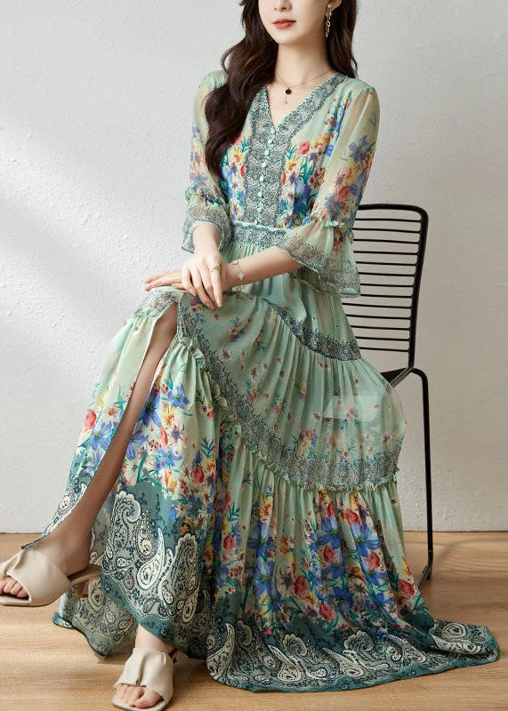 Women Light Green V Neck Wrinkled Patchwork Print Silk Dresses Summer