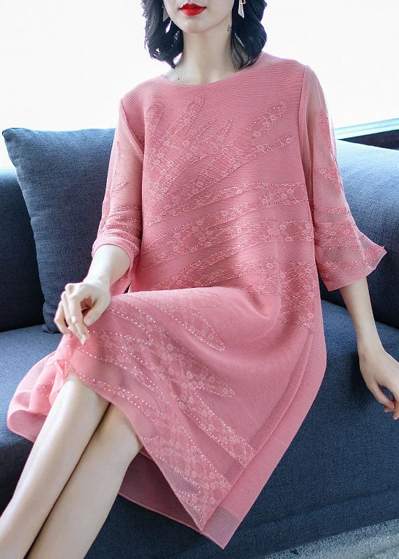 Women Pink O-Neck Embroideried Floral Tulle Maxi Dresses Fall