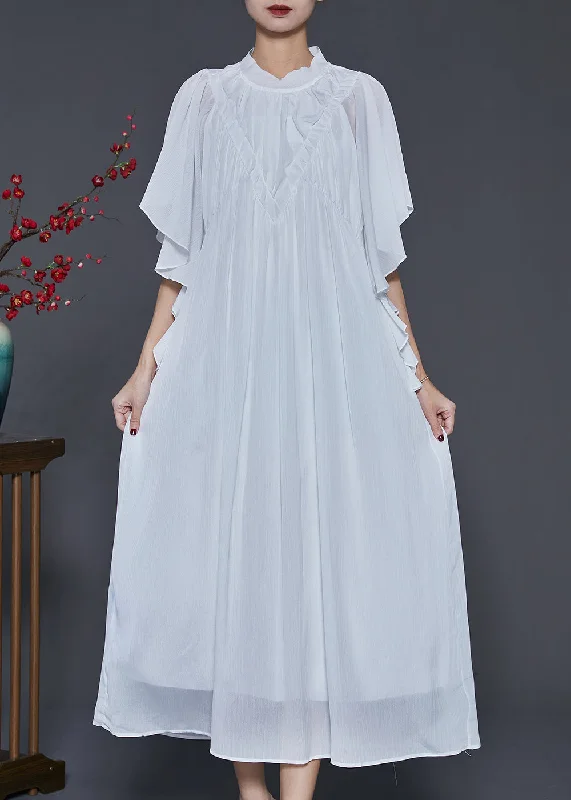 Women White Wrinkled Chiffon Long Dresses Butterfly Sleeve