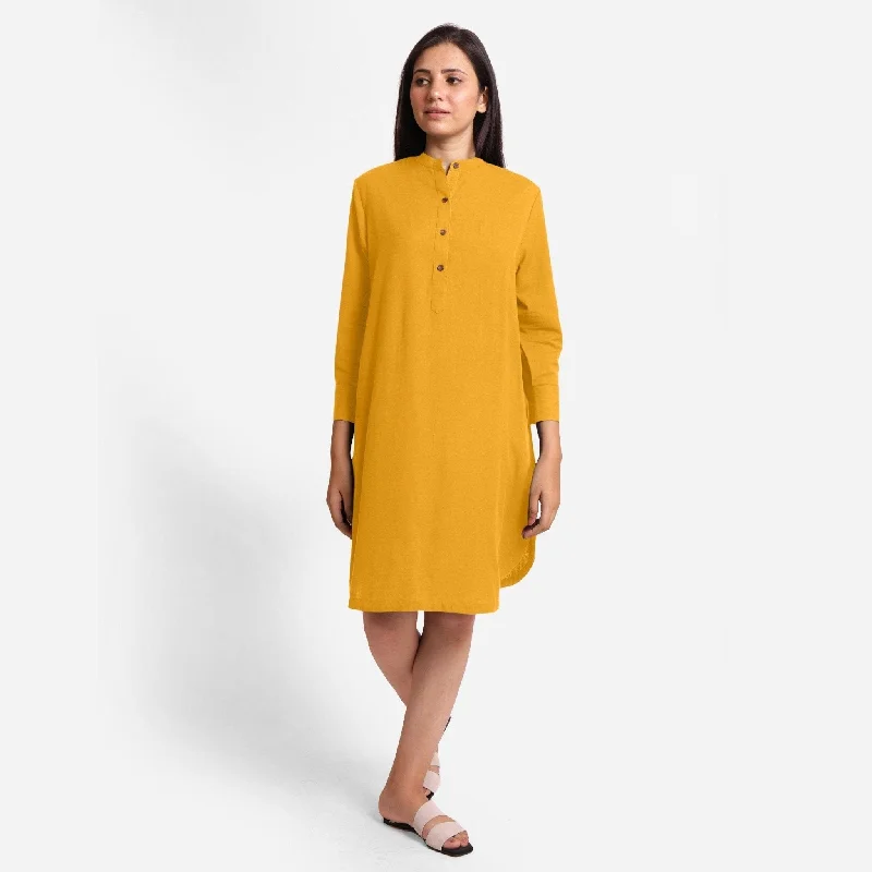 Yellow Cotton Flax Knee Length Shirt Dress